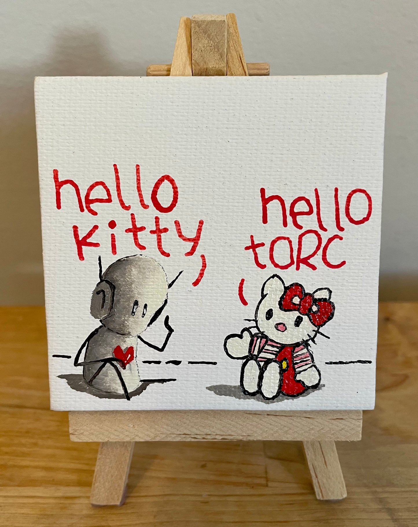 'Hello Kitty' Original Canvas Art 3" x 3" - Tarc The Robot
